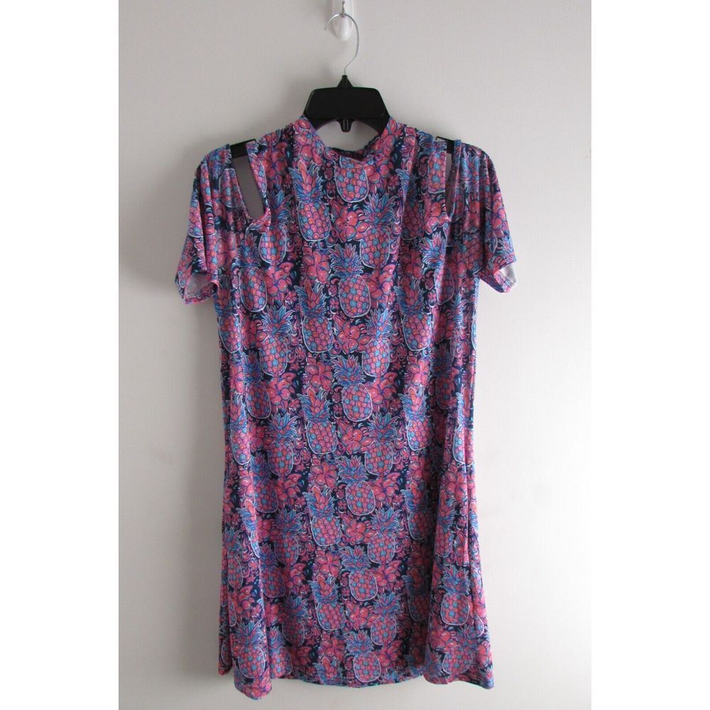 Simply Southern Womens Dress Blue Pink Pineapple Floral Cold Shoulder Size M